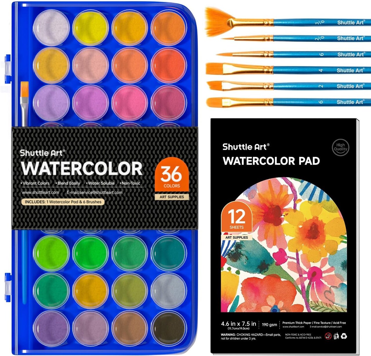 43 Pack Watercolor Paint Set, 36 Colors Watercolor Paint Pan Set with 6 Brushes and 1 Watercolor Pad for Beginners, Artists, Kids & Adults Watercolor Painting